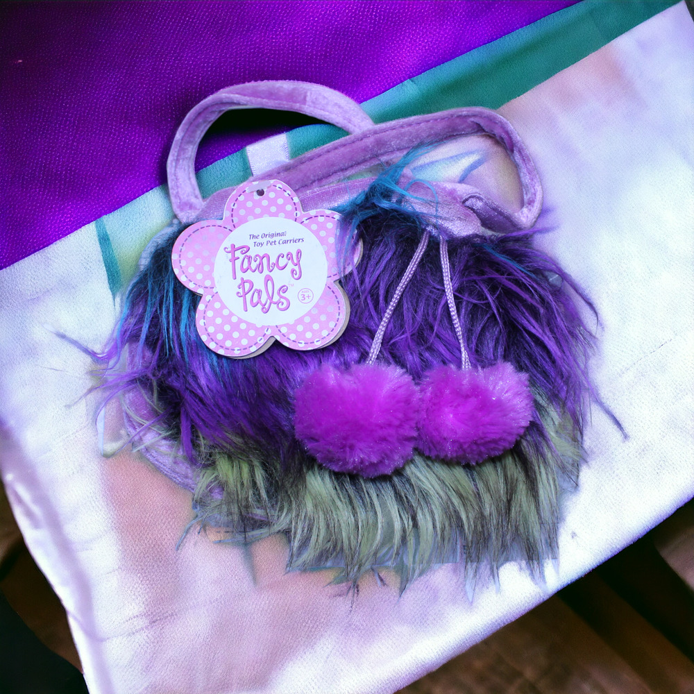 Aurora Fancy Pals Rainbow Sloth Pet Carrier Plush Fuzzy Purse Purple Green Pom